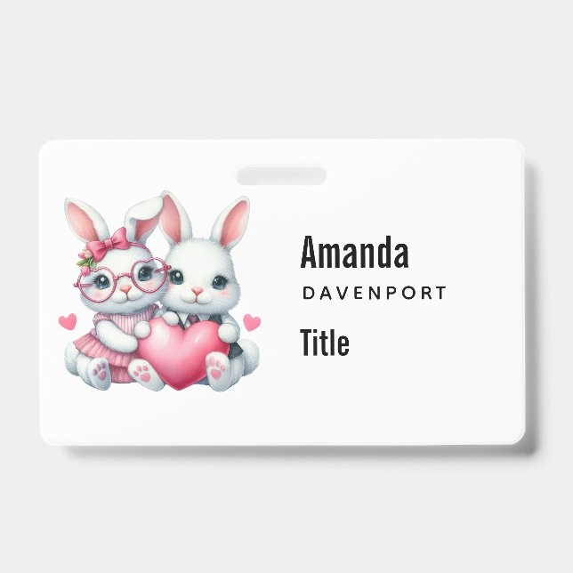 Cute Bunnies Sharing a Heart ID Badge (Front)