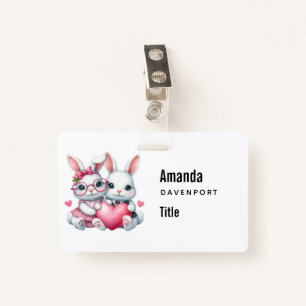Cute Bunnies Sharing a Heart ID Badge