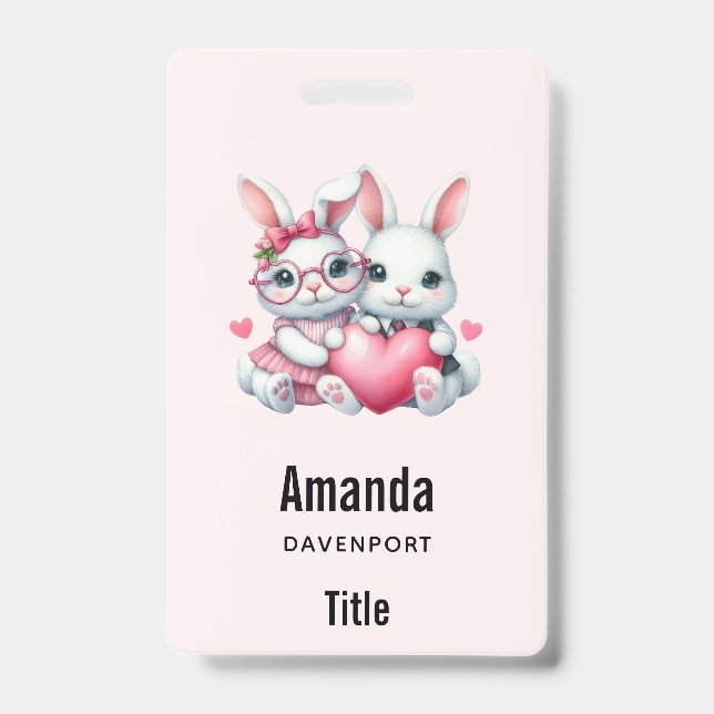 Cute Bunnies Sharing a Heart ID Badge (Front)