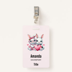 Cute Bunnies Sharing a Heart ID Badge
