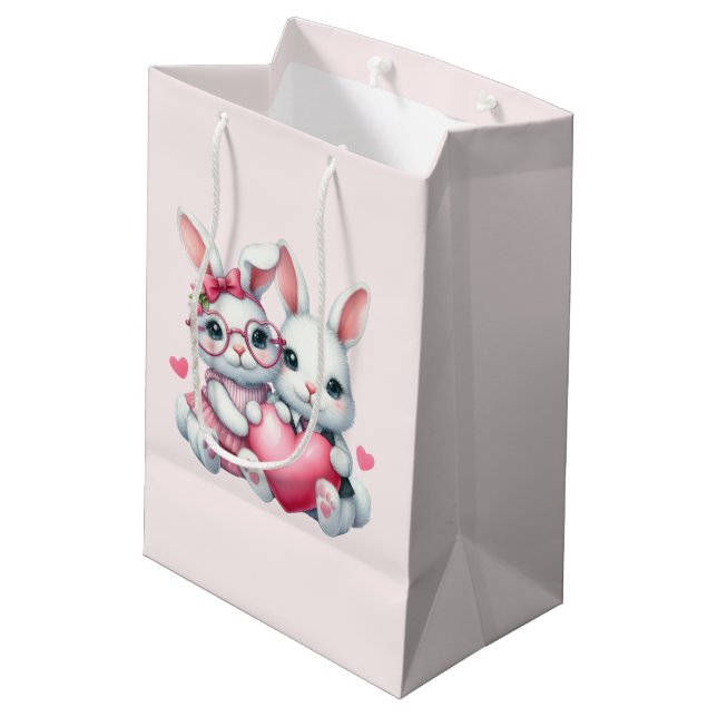 Cute Bunnies Sharing a Heart Medium Gift Bag (Back Angled)