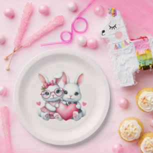 Cute Bunnies Sharing a Heart Paper Plate
