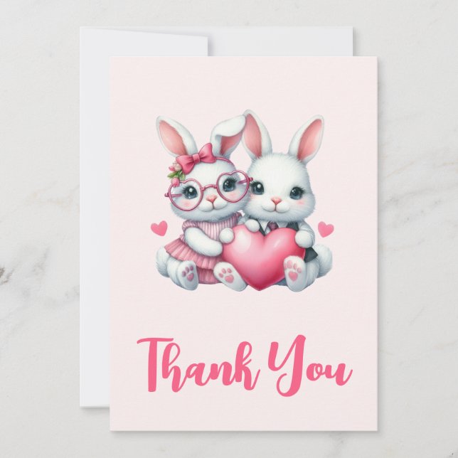 Cute Bunnies Sharing a Heart Party Thank You Card (Front)