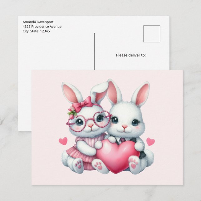 Cute Bunnies Sharing a Heart Postcard (Front/Back)