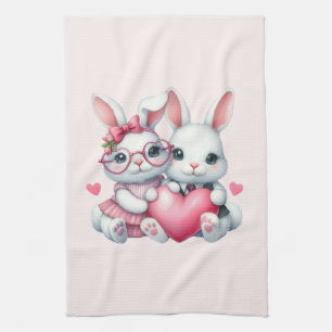 Cute Bunnies Sharing a Heart Tea Towel