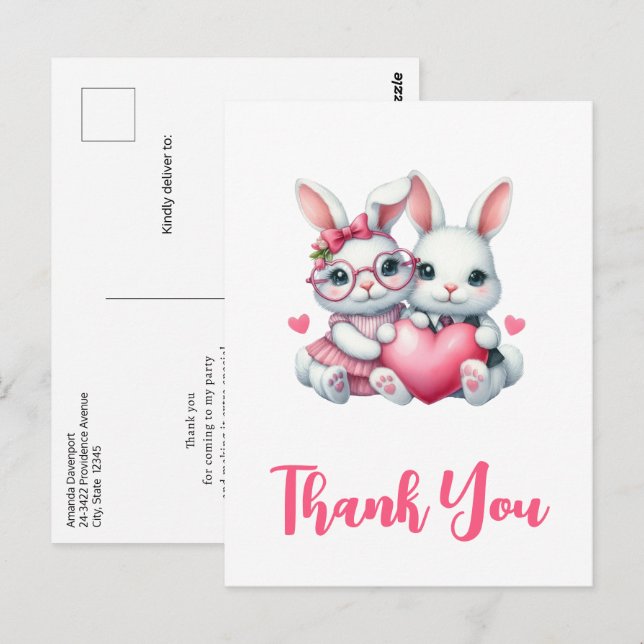 Cute Bunnies Sharing a Heart Thank You Postcard (Front/Back)