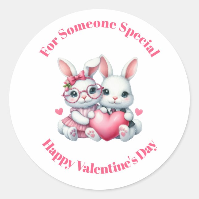 Cute Bunnies Sharing a Heart Valentine's Day Classic Round Sticker (Front)