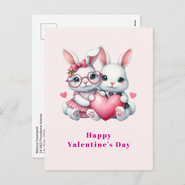 Cute Bunnies Sharing a Heart Valentine's Day Holiday Postcard (Front/Back)