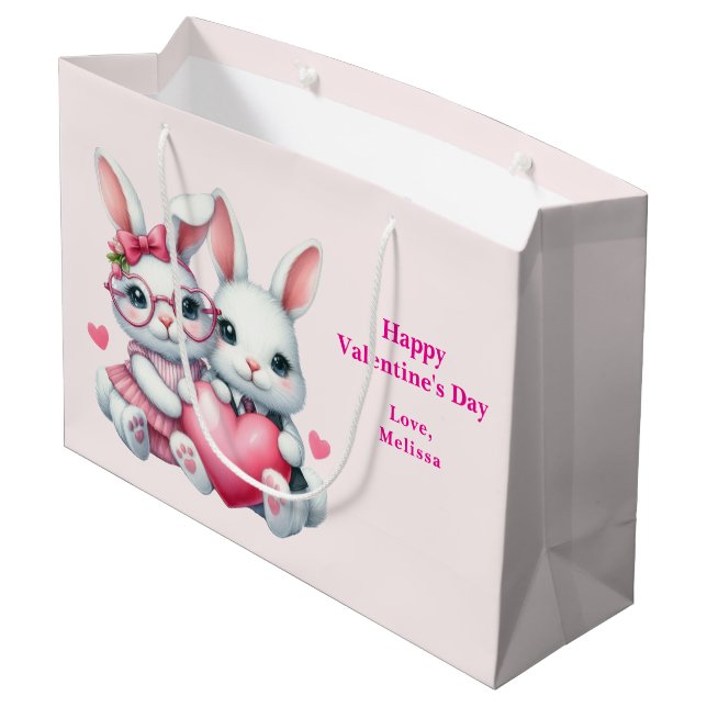 Cute Bunnies Sharing a Heart Valentine's Day Large Gift Bag (Back Angled)