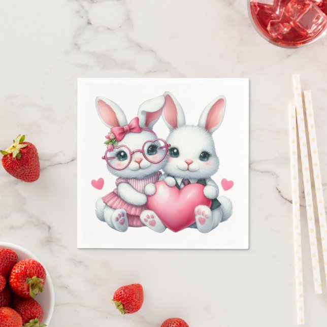 Cute Bunnies Sharing a Heart Valentine's Day Napkin (Insitu)