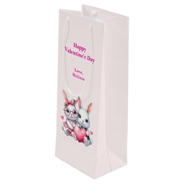 Cute Bunnies Sharing a Heart Valentine's Day Wine Gift Bag (Back Angled)