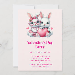 Cute Bunnies Sharing a Heart Valentine's Party Invitation