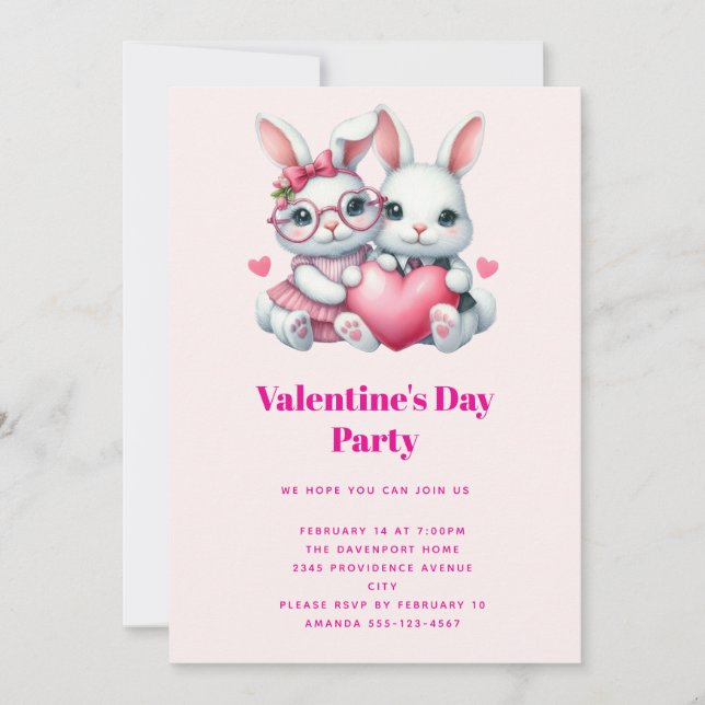 Cute Bunnies Sharing a Heart Valentine's Party Invitation (Front)