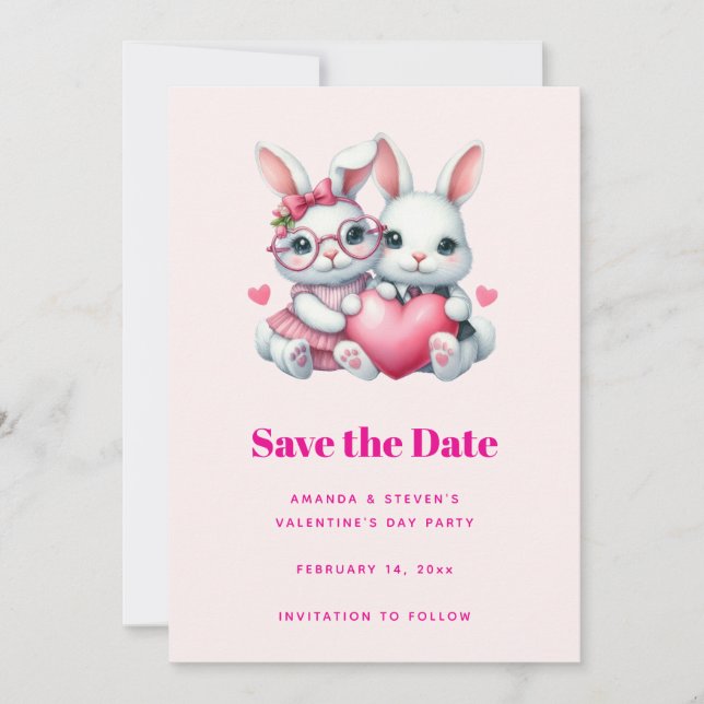 Cute Bunnies Sharing a Heart Valentine's Party Save The Date (Front)