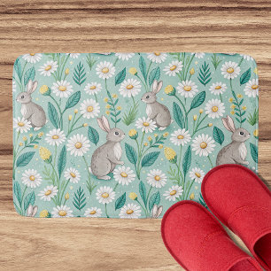 Cute Bunnies Sitting Among White Daisies Bath Mat