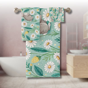 Cute Bunnies Sitting Among White Daisies Bath Towel Set