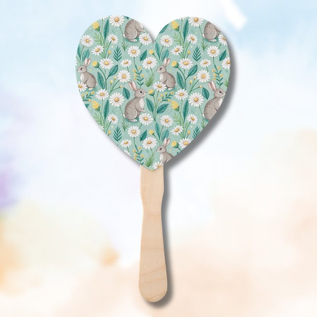 Cute Bunnies Sitting Among White Daisies Hand Fan (Creator Uploaded)