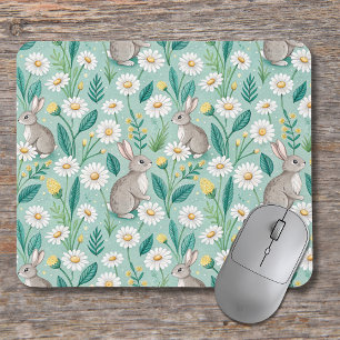Cute Bunnies Sitting Among White Daisies Mouse Mat