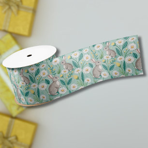 Cute Bunnies Sitting Among White Daisies Satin Ribbon