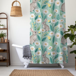 Cute Bunnies Sitting Among White Daisies Shower Curtain
