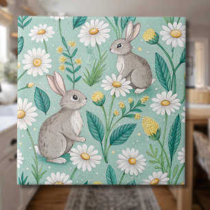 Cute Bunnies Sitting Among White Daisies Tile
