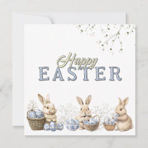 Cute Bunnies & Toile Blue Easter Eggs Holiday Card