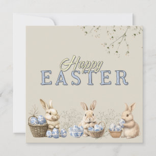 Cute Bunnies & Toile Blue Easter Eggs  Holiday Card