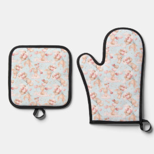 Cute bunnies with balloons oven mitt & pot holder set