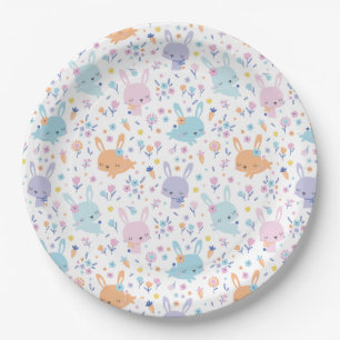 Cute bunnies with carrots and flowers pastel colou paper plate
