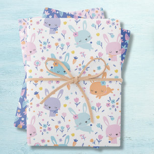 Cute bunnies with carrots and flowers pastel colou wrapping paper sheet