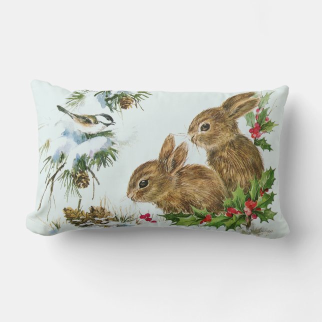 Cute Bunnies with Christmas Holly Berries Lumbar Cushion (Front)