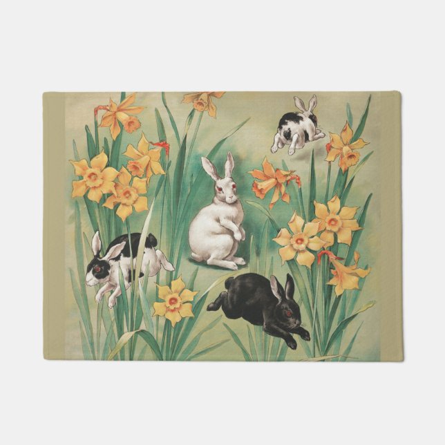 Cute Bunnies with Daffodil Flowers Antique Easter Doormat (Front)