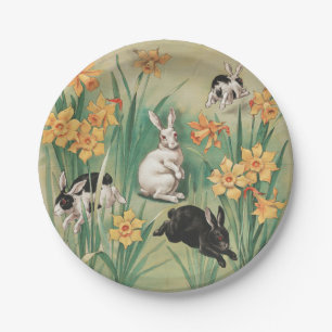 Cute Bunnies with Daffodil Flowers Antique Easter Paper Plate