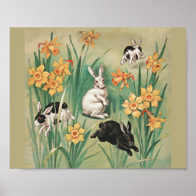 Cute Bunnies with Daffodil Flowers Antique Easter Poster (Front)