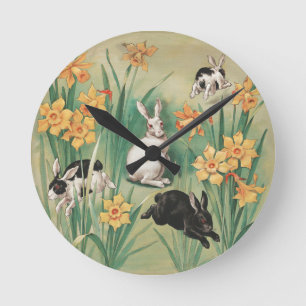 Cute Bunnies with Daffodil Flowers Antique Easter Round Clock