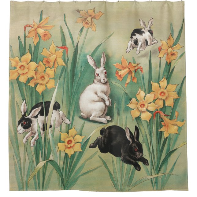 Cute Bunnies with Daffodil Flowers Antique Easter Shower Curtain (Front)