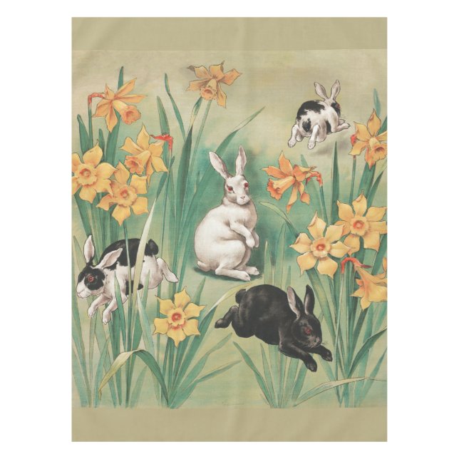 Cute Bunnies with Daffodil Flowers Antique Easter Tablecloth (Front)