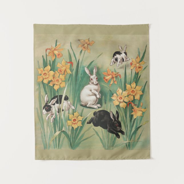 Cute Bunnies with Daffodil Flowers Antique Easter Tapestry (Front)