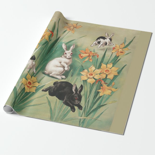 Cute Bunnies with Daffodil Flowers Antique Easter Wrapping Paper (Unrolled)