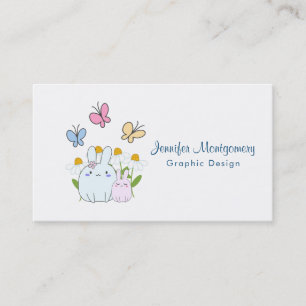 Cute Bunnies with Spring Daisies and Butterflies Business Card