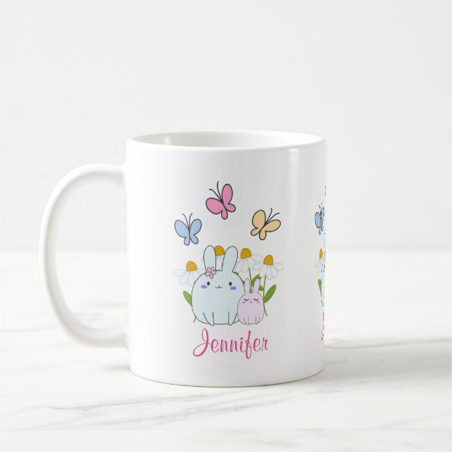 Cute Bunnies with Spring Daisies and Butterflies Coffee Mug (Left)