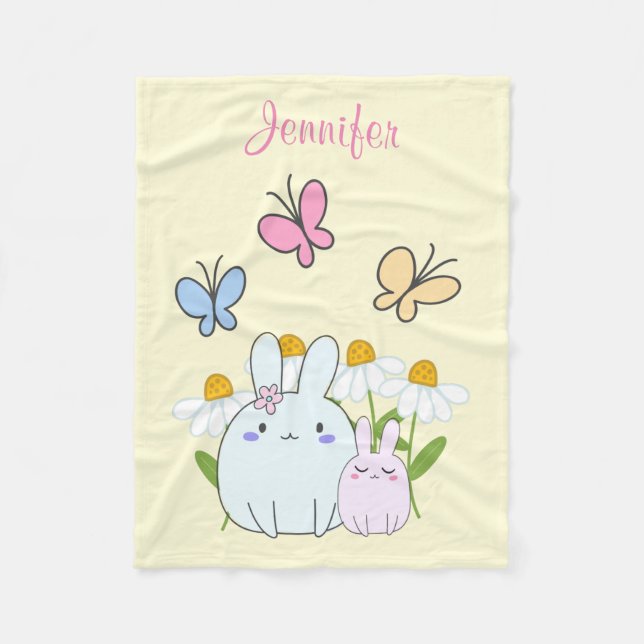 Cute Bunnies with Spring Daisies and Butterflies Fleece Blanket (Front)