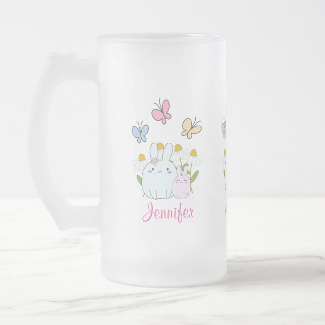 Cute Bunnies with Spring Daisies and Butterflies Frosted Glass Beer Mug (Left)