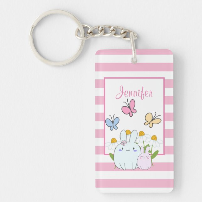 Cute Bunnies with Spring Daisies and Butterflies Key Ring (Front)