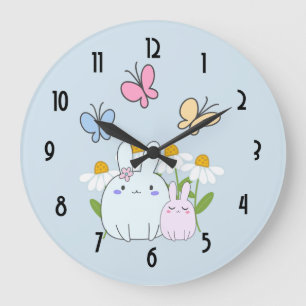 Cute Bunnies with Spring Daisies and Butterflies Large Clock