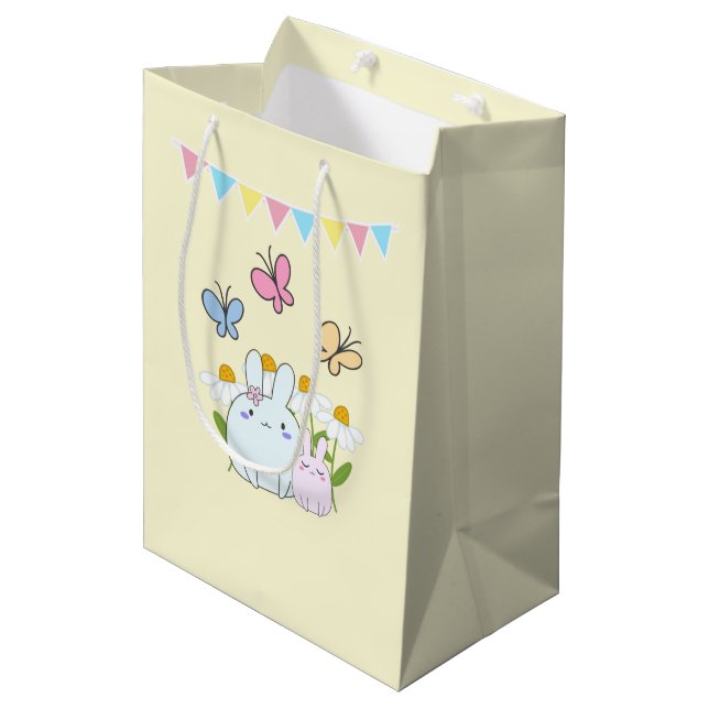 Cute Bunnies with Spring Daisies and Butterflies Medium Gift Bag (Front Angled)