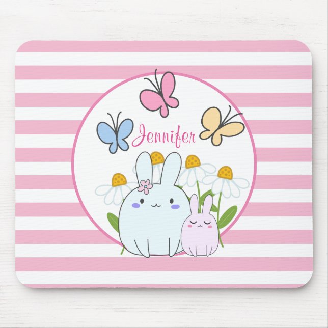 Cute Bunnies with Spring Daisies and Butterflies Mouse Mat (Front)