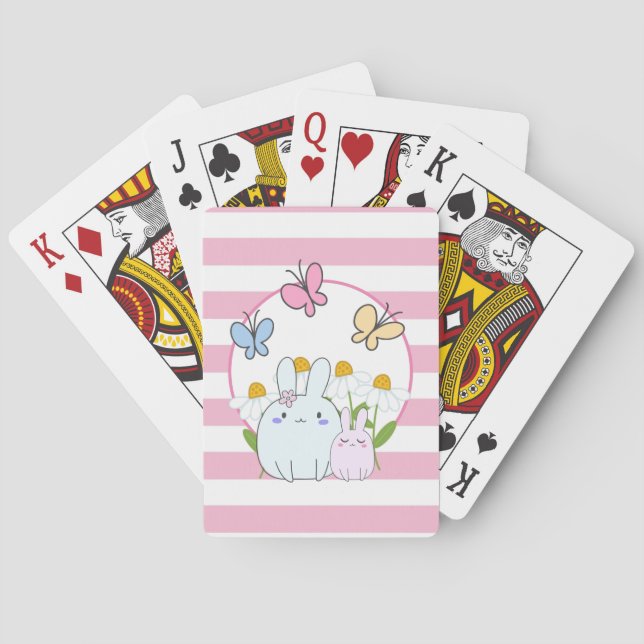 Cute Bunnies with Spring Daisies and Butterflies Playing Cards (Back)