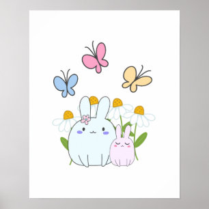 Cute Bunnies with Spring Daisies and Butterflies Poster