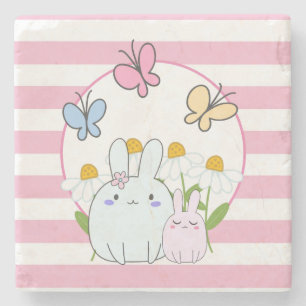 Cute Bunnies with Spring Daisies and Butterflies Stone Coaster